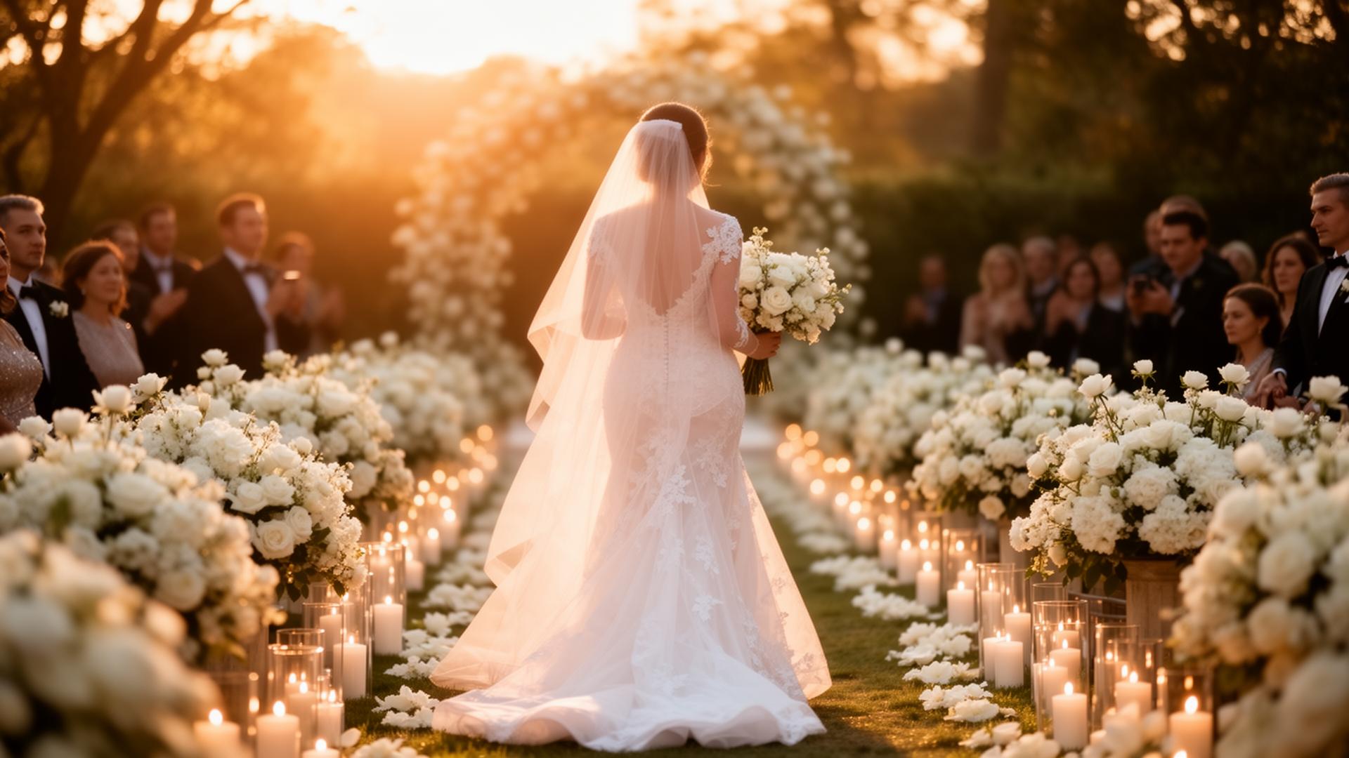 Noiva caminhando ao altar em cerimônia ao pôr do sol